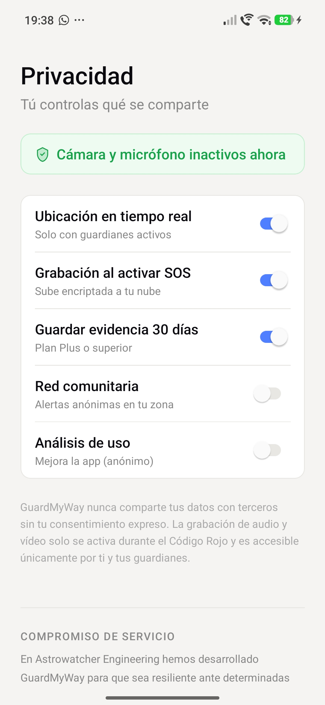 Pantalla de Privacidad con controles de qué se comparte
